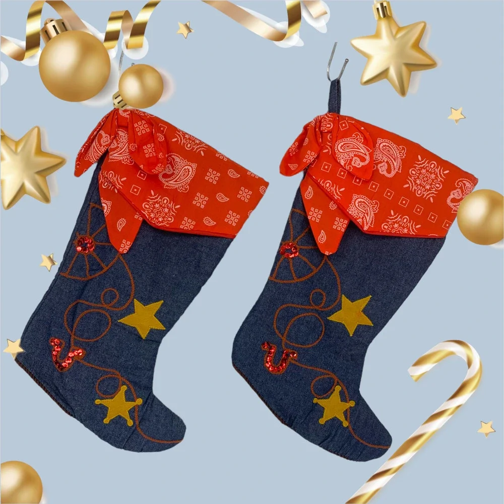 Lot 2 x Stockings Western Cowboy Boot Bandana Cuff Denim Embroidered Christmas